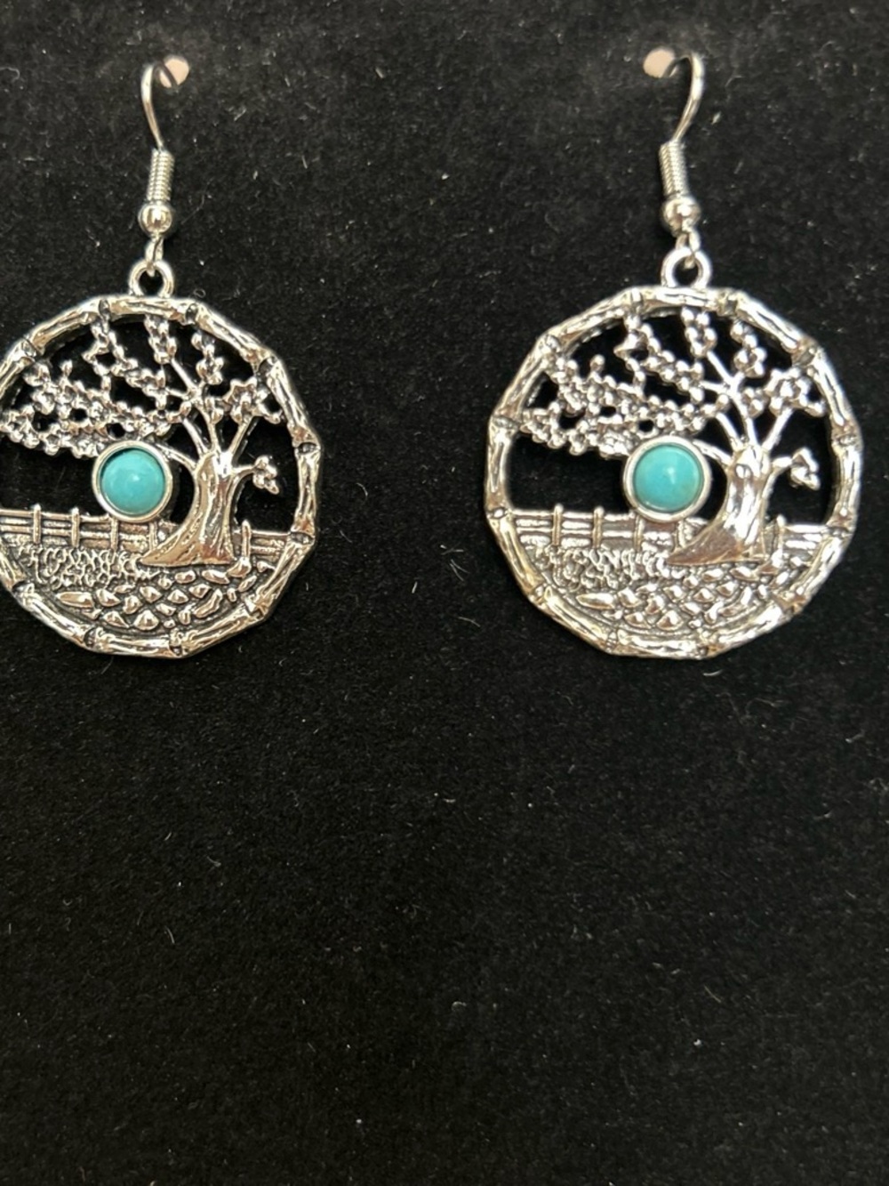 Silver color Tree of Life Earrings with Turquoise Accent